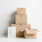 Kolme erikokoista muuttolaatikkoa pinottuna, yksi avattuna järjestelmällisesti pakattuine tavaroineen. Vieressä tarkistuslista. Minimalistinen tyyli.