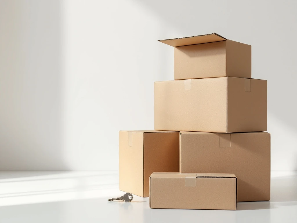 Erikokoisia pahvimuuttolaatikoita valkoisella taustalla, yksi avoinna. Vieressä talonavain symboloiden muuttoa ja uusia alkuja.