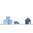 Sinityyliset muuttolaatikot pinottuna, yksinkertainen talosiluetti ja muuttoauto-ikoni yhdistettynä kaarevalla viivalla, kuvaten sujuvaa muuttoprosessia minimalistisessa tyylissä.