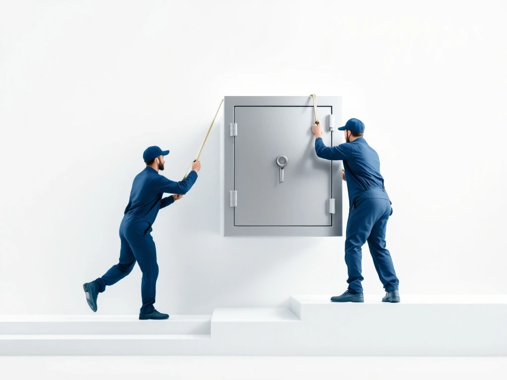 Ammattimaiset muuttajat sinisessä työasussa kuljettavat nykyaikaista teräksistä kassakaappia portaissa, käyttäen nostoliinoja turvalliseen siirtämiseen.