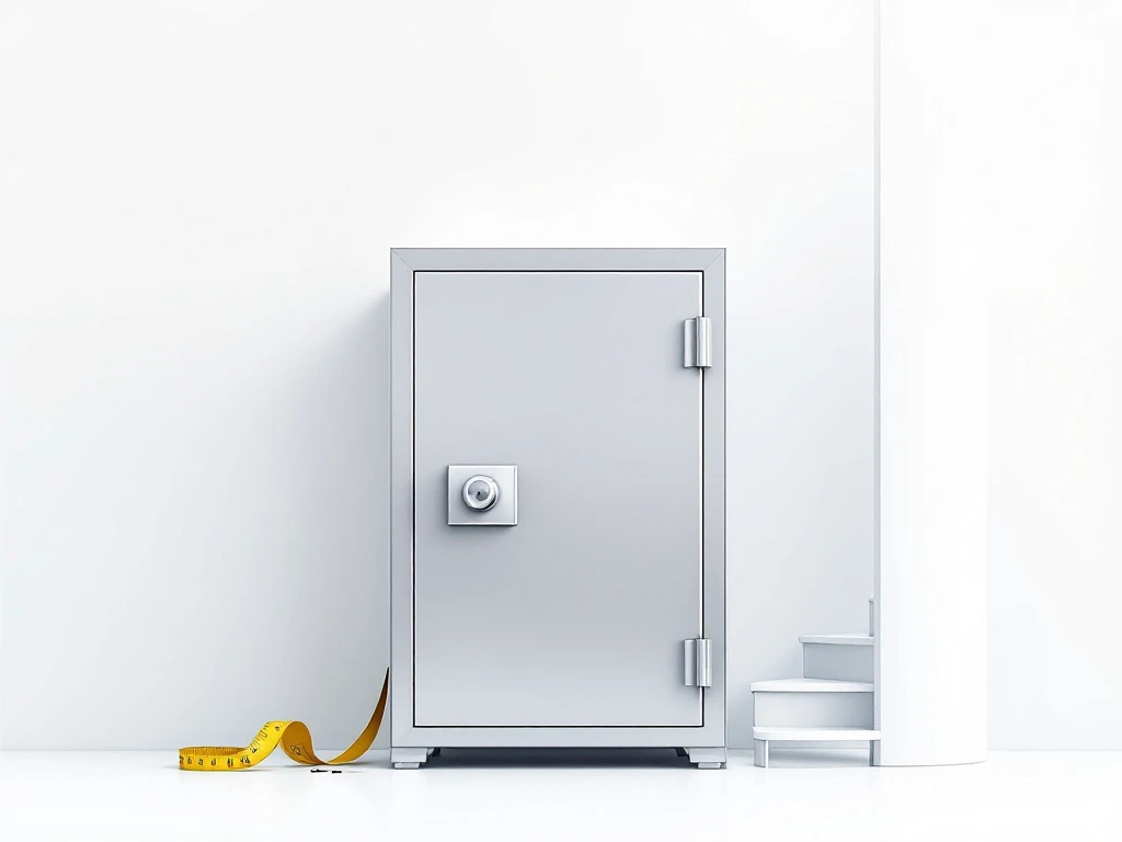 Massiivinen metallikassakaappi valkoisen kierreportaikon alapäässä. Nostohihnat näkyvät kaapin alla, mittanauha kulkee portaikon vierellä.