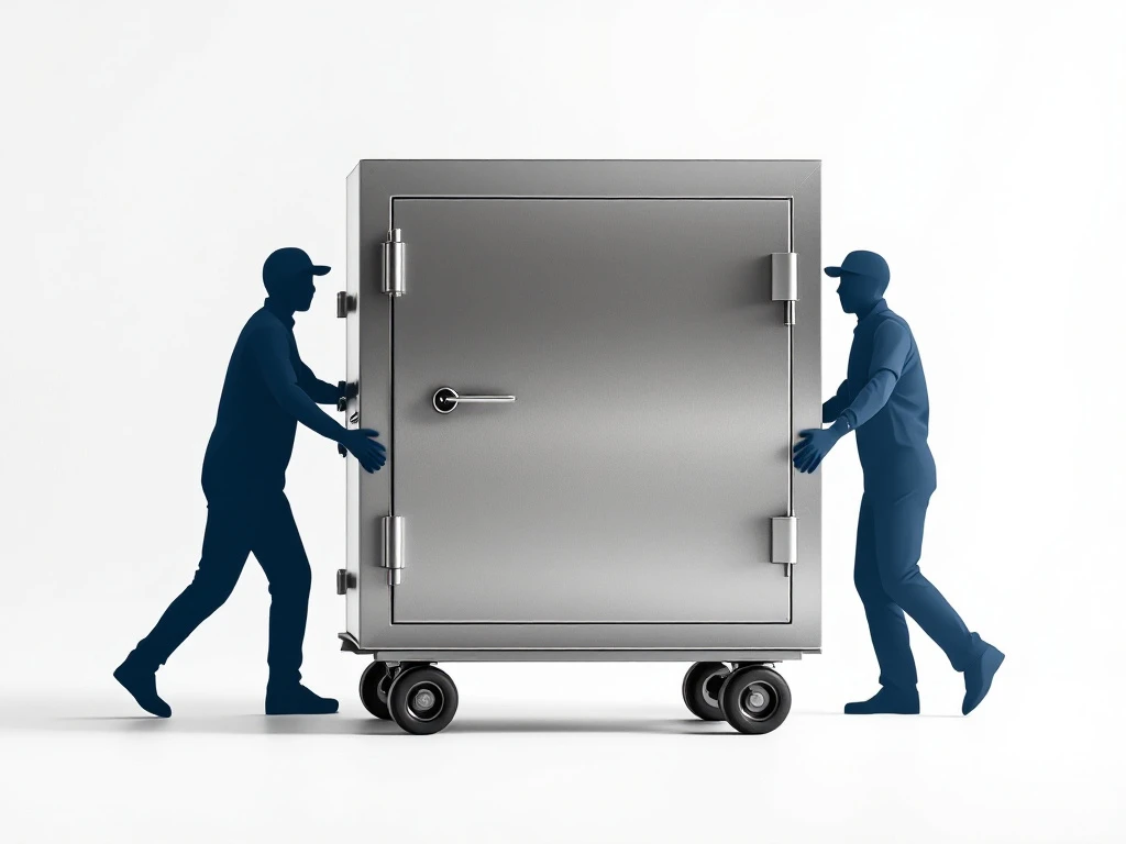 Massiivinen teräksinen kassakaappi kuljetuksessa, kaksi sinistä siluettia ammattilaisista nostamassa sitä kärrylle minimalistisella valkoisella taustalla.