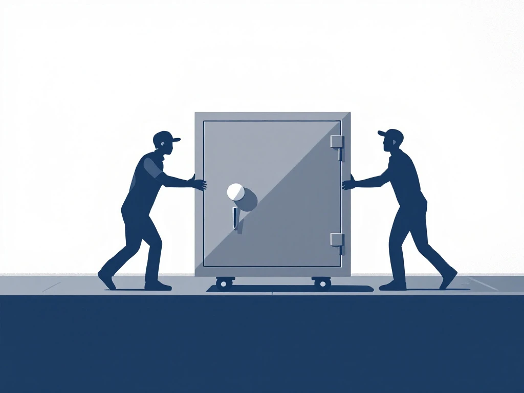 Minimalistinen kassakaapin muutto: kaksi geometristä sinistä hahmoa kantaa harmaata kassakaappia valkoisella taustalla, ammattimaisuutta viestien.