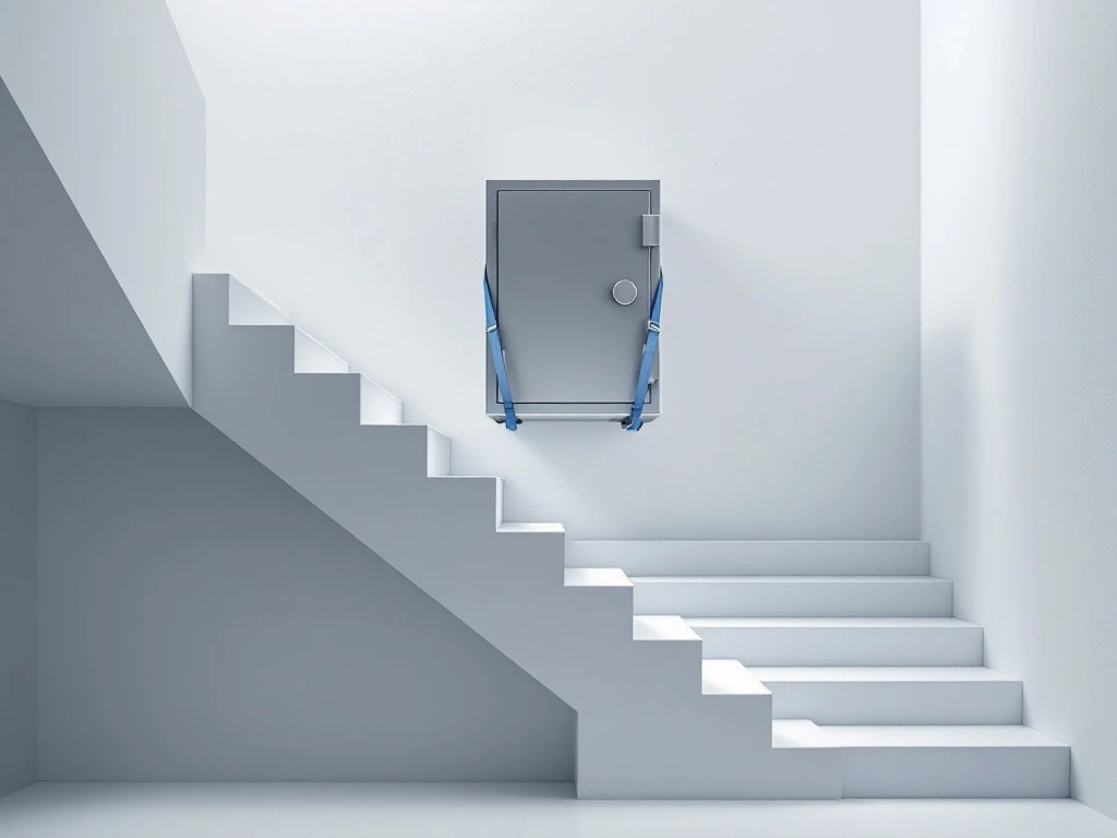 Metallinen kassakaappi kuljetetaan huolellisesti ylös valkoista portaikkoa suojapehmusteiden välissä. Sinisillä nostoliinoilla varmistettu, ammattimainen ja turvallinen käsittely.