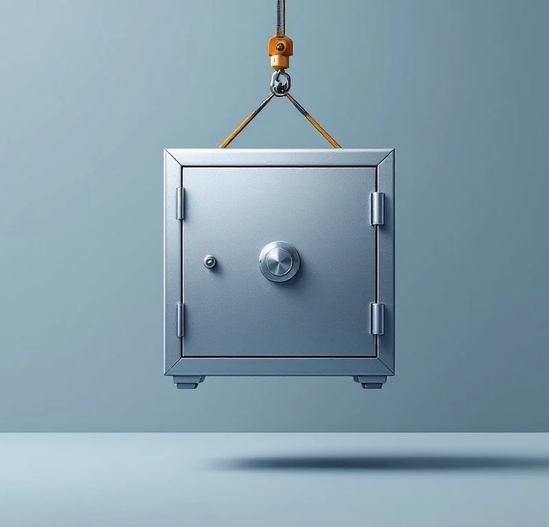 Metallinen kassakaappi ammattimaisissa nostolaitteissa minimalistisella siniharmaalla taustalla. Nostohihnat näkyvät selkeästi.