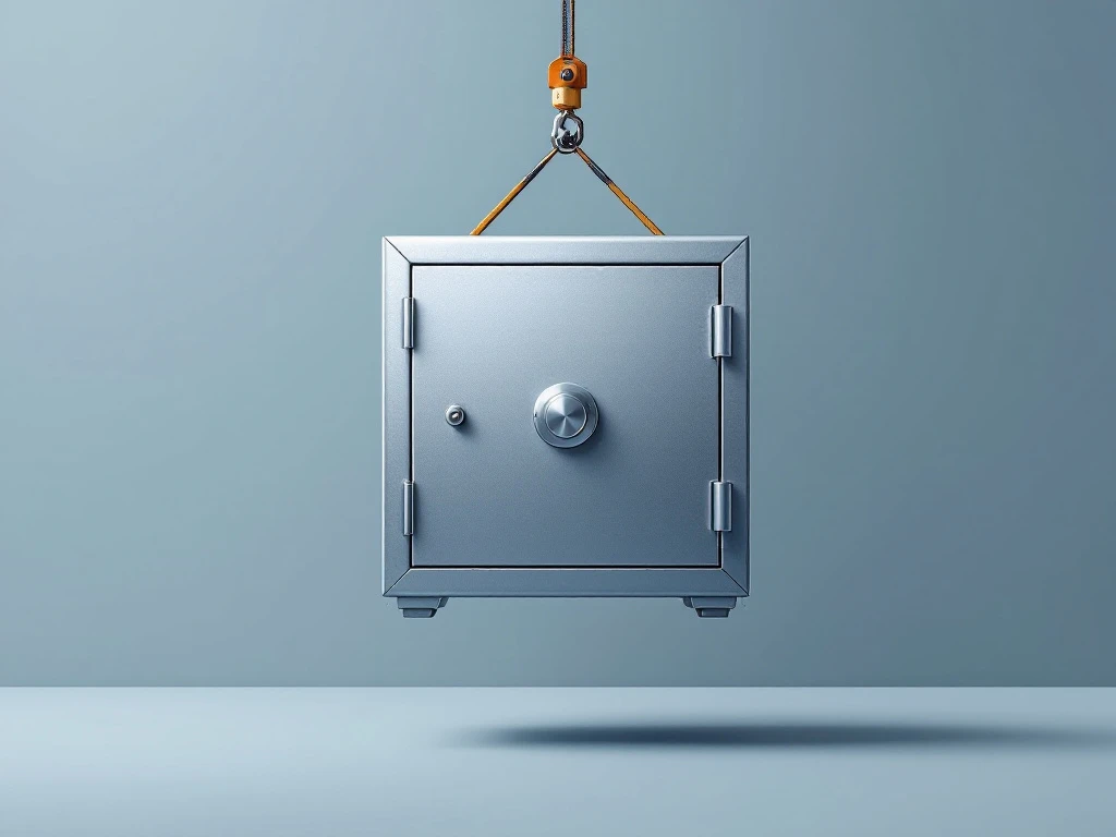 Metallinen kassakaappi ammattimaisissa nostolaitteissa minimalistisella siniharmaalla taustalla. Nostohihnat näkyvät selkeästi.