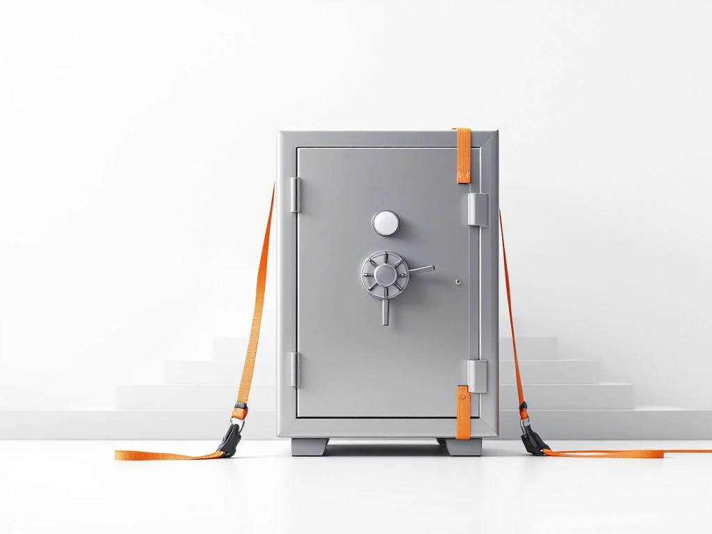 Metallinen kassakaappi kuljetushihnoilla valkoisella taustalla. Portaiden kuvitus viittaa raskaan esineen siirtämiseen kerrosten välillä.