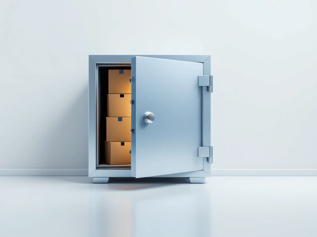 Metallinen kassakaappi, jonka osittain avoimesta ovesta näkyy siististi järjestettyjä muuttolaatikoita. Sininen korostus reunoilla, valkoinen tausta.