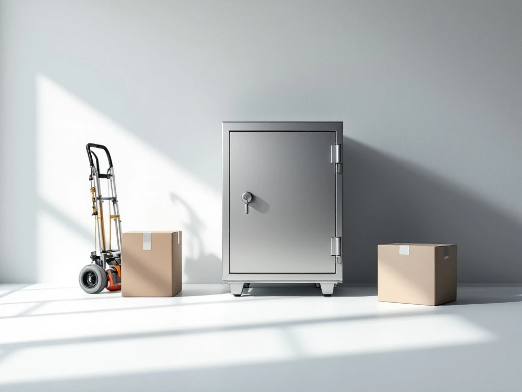 Metallinen kassakaappi valkoisella taustalla, vieressä ammattimainen kuljetusväline hihnoineen ja muuttolaatikkoja. Sinivalkoinen tausta viittaa suomalaisuuteen.