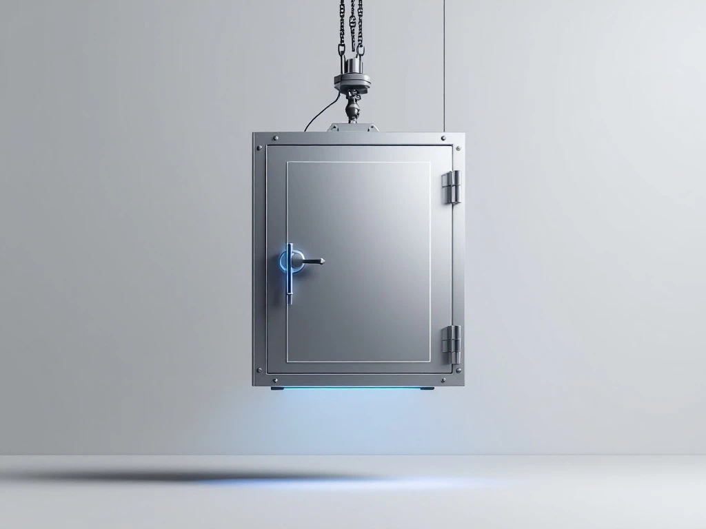 Metallinen kassakaappi ilmassa modernin nostolaitteiston varassa, sinisten valojen korostaessa reunoja. Minimalistinen tyyli viileän harmaalla taustalla.