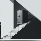 Raskas kassakaappi kapean portaikon huipulla. Minimalistinen tyyli harmaasävyissä, varjot korostavat siirtämisen haastetta.