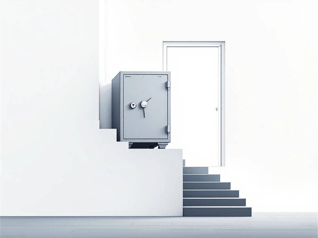 Teräksinen kassakaappi haastavassa kulmassa kapeilla portailla. Minimalistinen tyyli, valkoisella taustalla, korostaen raskaan esineen kuljetuksen vaikeutta.