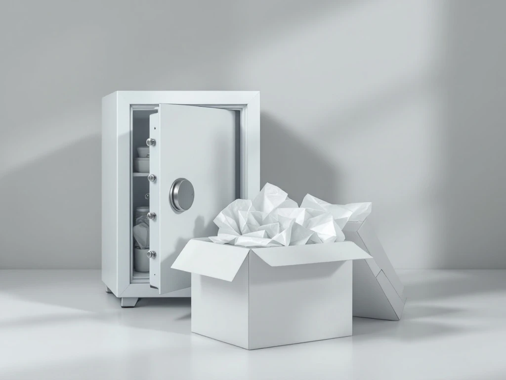 Moderni kassakaappi osittain avoinna paljastaen pakattuja hauraita esineitä. Vieressä muuttolaatikko kuplamuovilla ja pakkauspaperilla suojattuna.