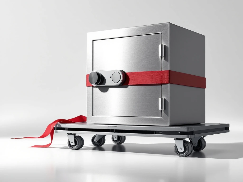 Metallinen kassakaappi siirtoalustan päällä valkoisella taustalla. Teräksisessä kassakaapissa on numerolukko ja punainen kiinnityshihna. Valo luo selkeät varjot.